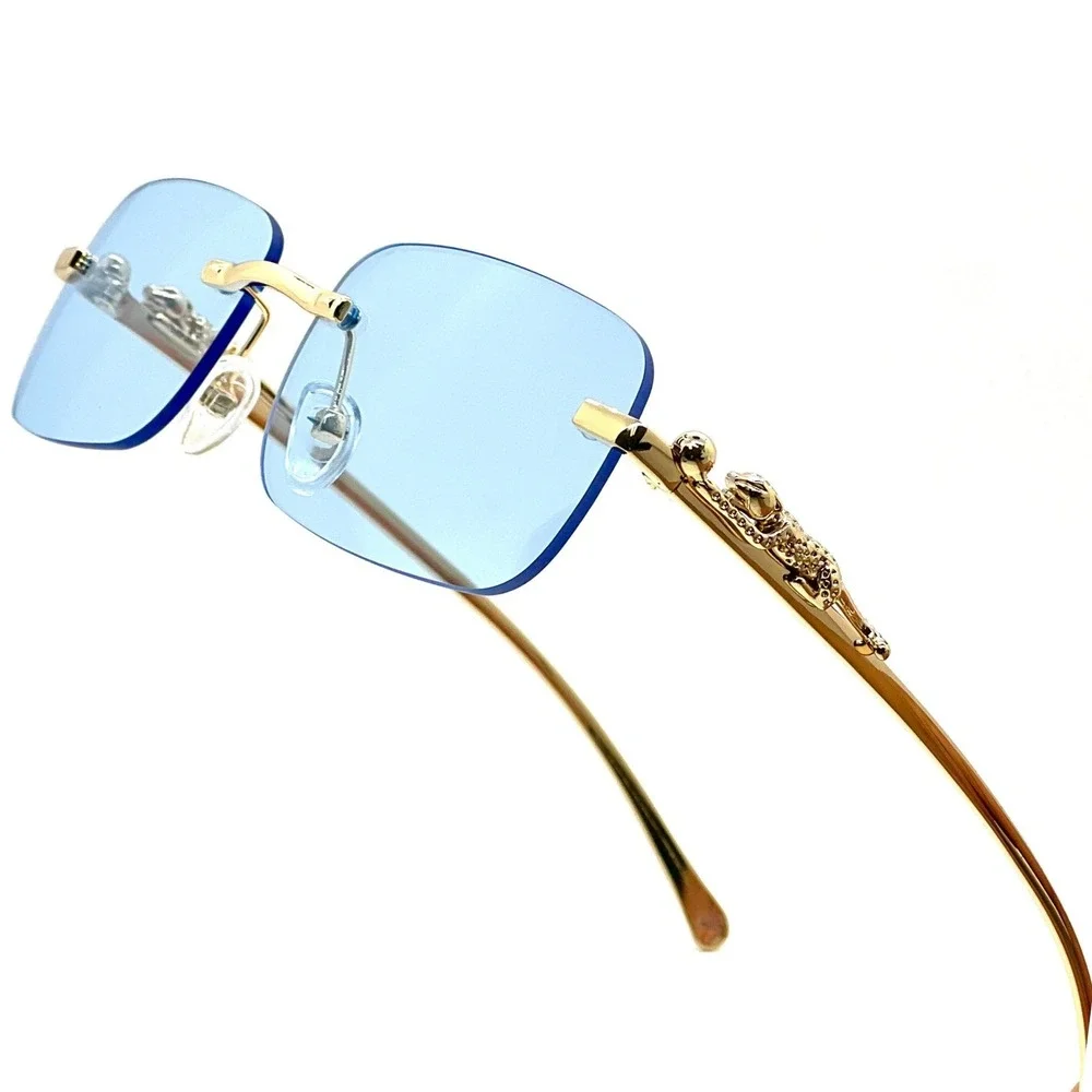 Rimless Sunglasses Gold Leopard Accents Blue Lens Fashion Shades Style Men Gafas